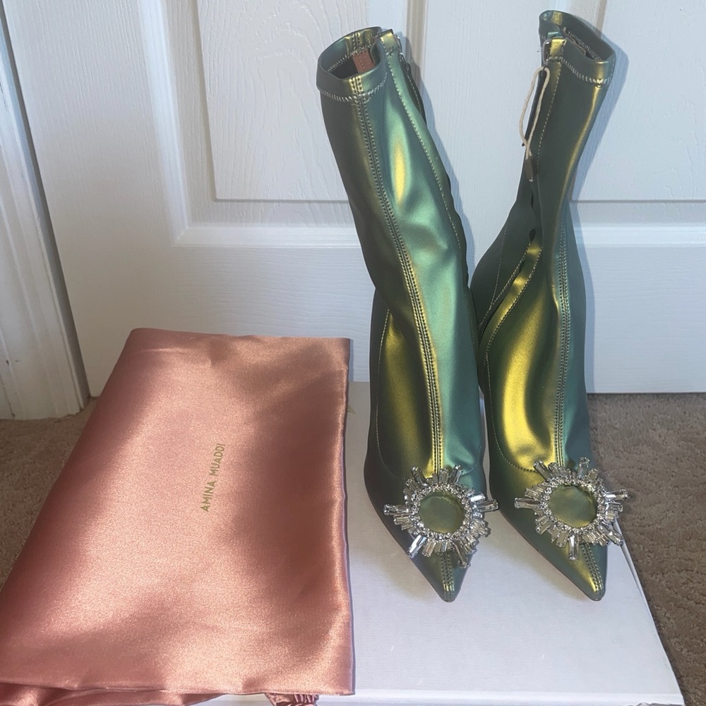 NEW Amina Muaddi Begum Latex Irios Iridescent Green Satin Stretch Crystal Boots